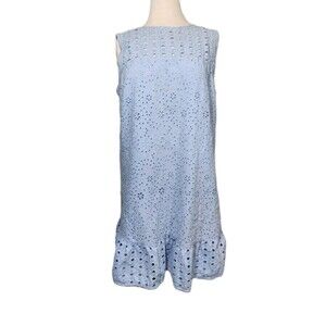 Loft Eyelet Flounce Shift Dress Baby Blue Womens 14 Ruffle Hem Floral Mini Lined